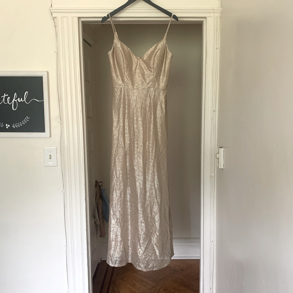 Hayley Paige Gold Metallic 5866 bridesmaid gown
